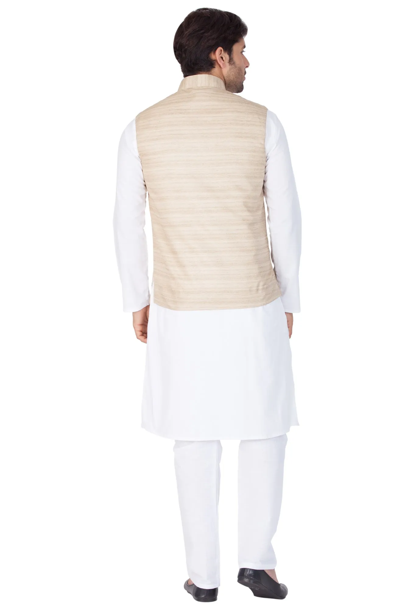 VASTRAMAY Men's White Cotton Blend Kurta, Ethnic Jacket and Pyjama Set