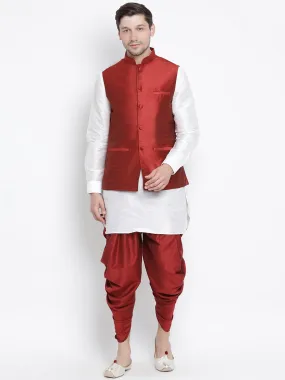 VASTRAMAY Men's White Cotton Silk Blend Ethnic Jacket, Kurta and Dhoti Pant Set