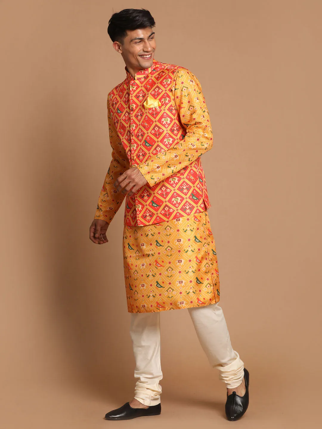 VASTRAMAY Red Patola Print Nehru Jacket With Yellow Printed kurta & Cream Pyjama