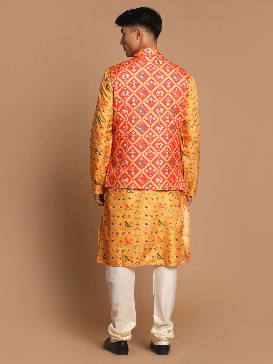 VASTRAMAY Red Patola Print Nehru Jacket With Yellow Printed kurta & Cream Pyjama