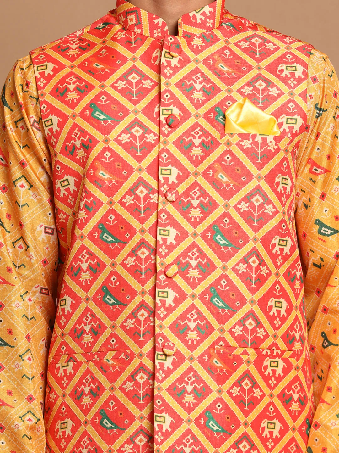 VASTRAMAY Red Patola Print Nehru Jacket With Yellow Printed kurta & Cream Pyjama