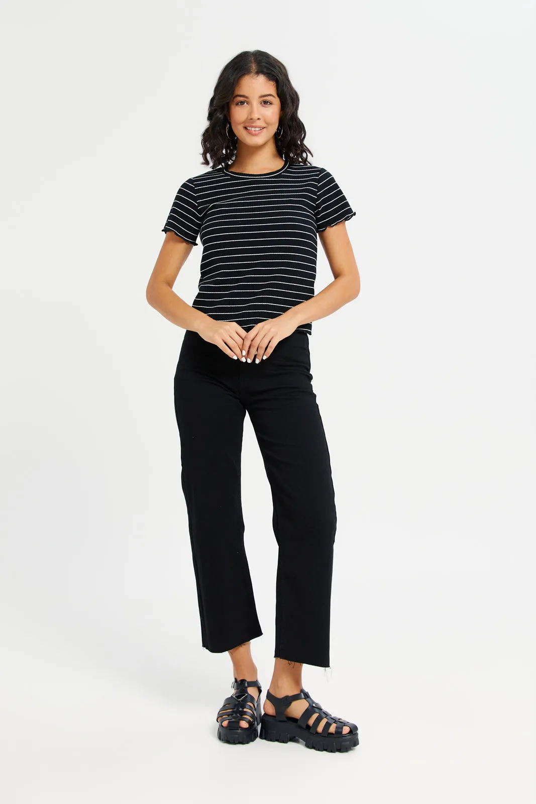 Women Black Plain Wide Leg Jeans