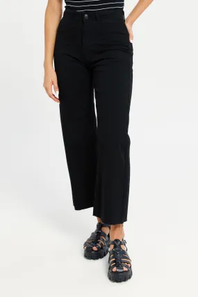 Women Black Plain Wide Leg Jeans