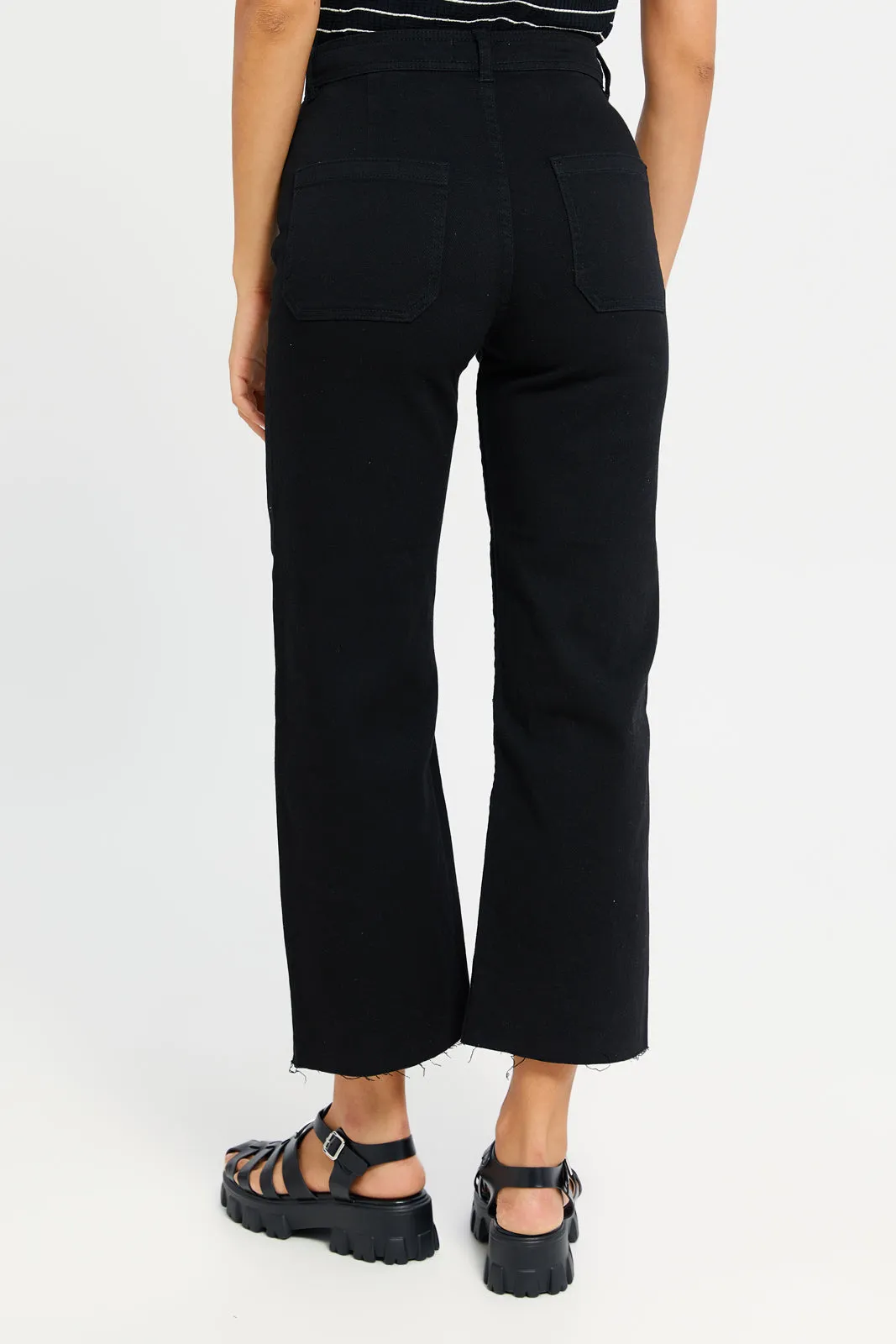 Women Black Plain Wide Leg Jeans