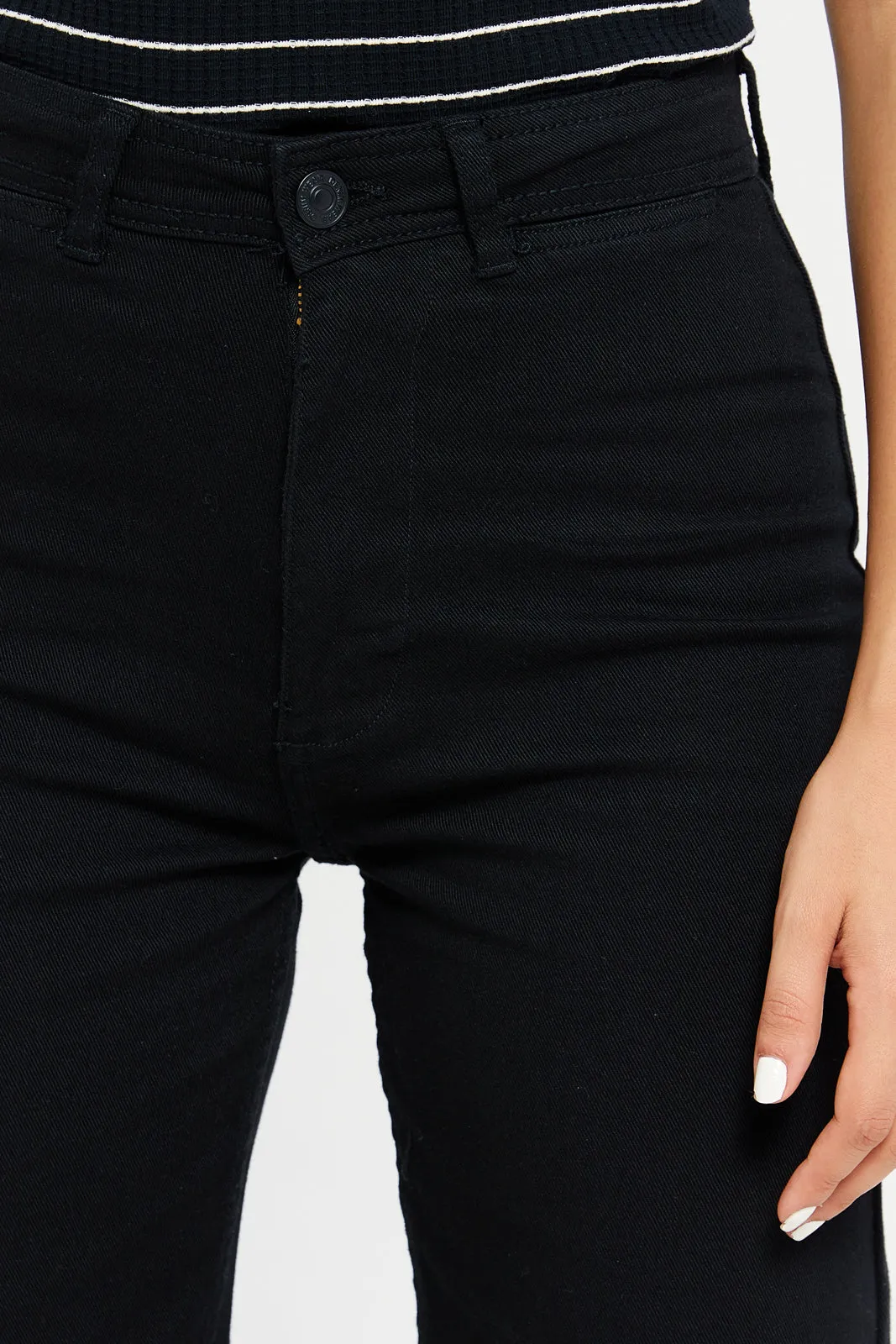 Women Black Plain Wide Leg Jeans