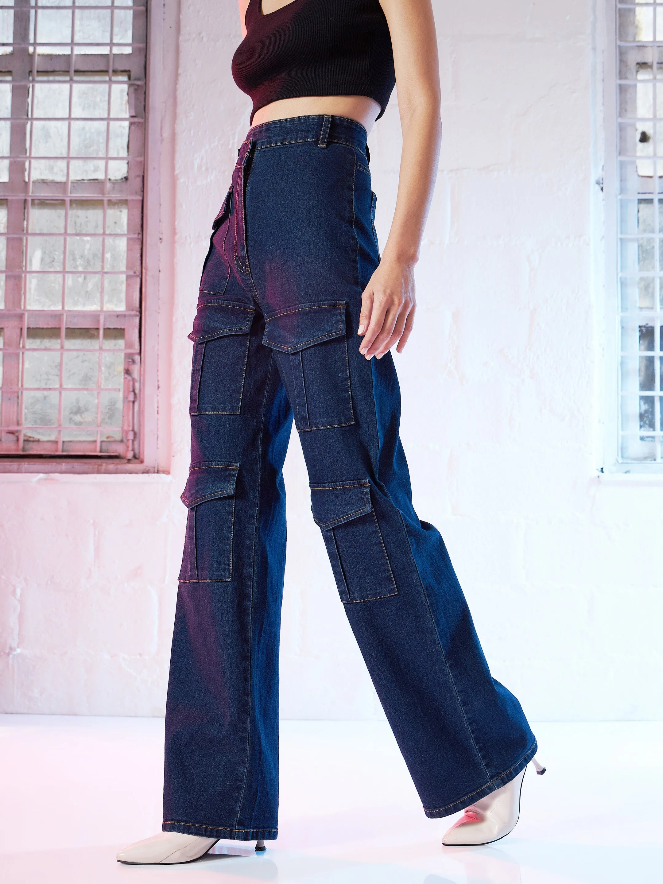 Women Blue Cargo Straight Jeans