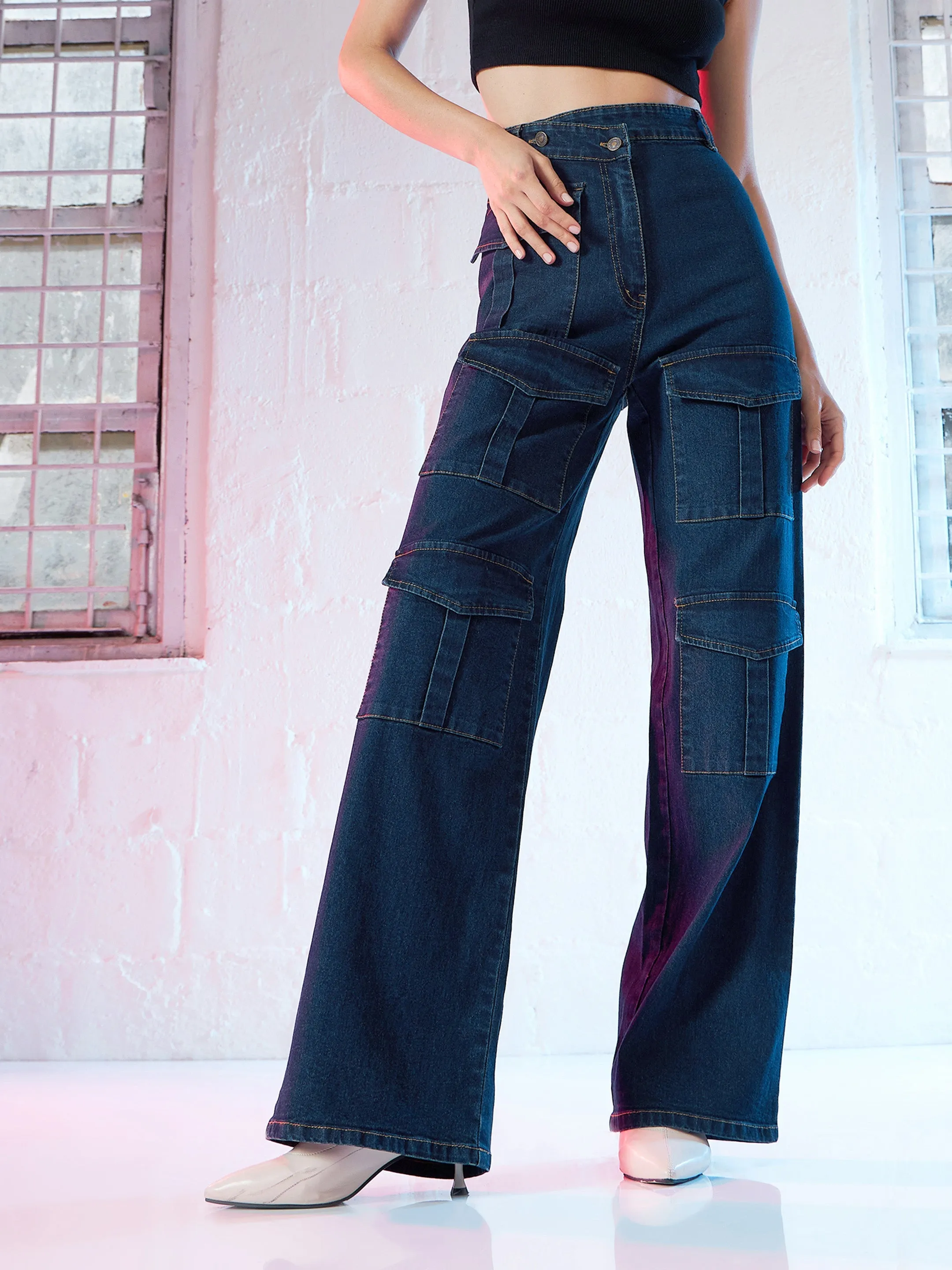 Women Blue Cargo Straight Jeans