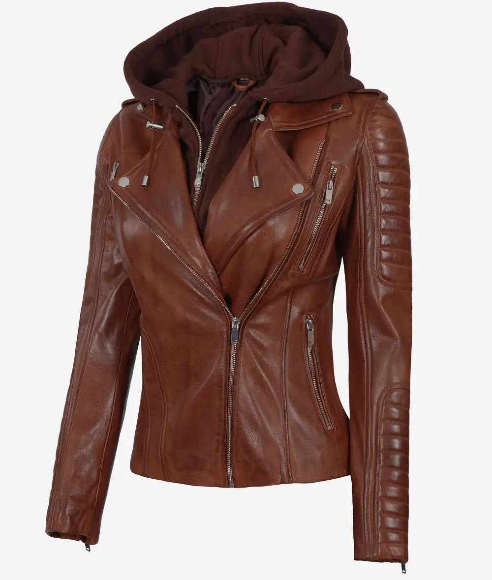 Women's Cognac Motorcycle Leather Jacket with Removable Hood