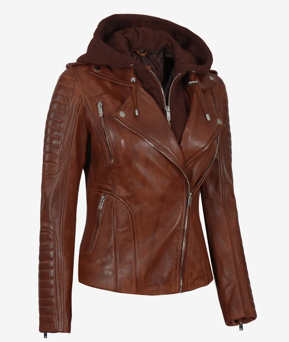 Women's Cognac Motorcycle Leather Jacket with Removable Hood