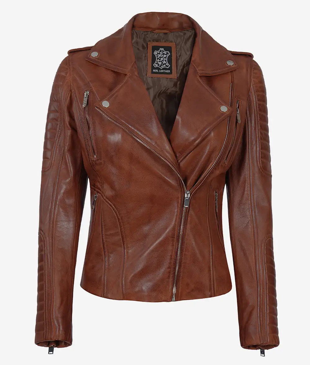 Women's Cognac Motorcycle Leather Jacket with Removable Hood