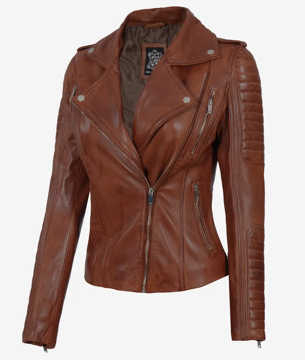 Women's Cognac Motorcycle Leather Jacket with Removable Hood