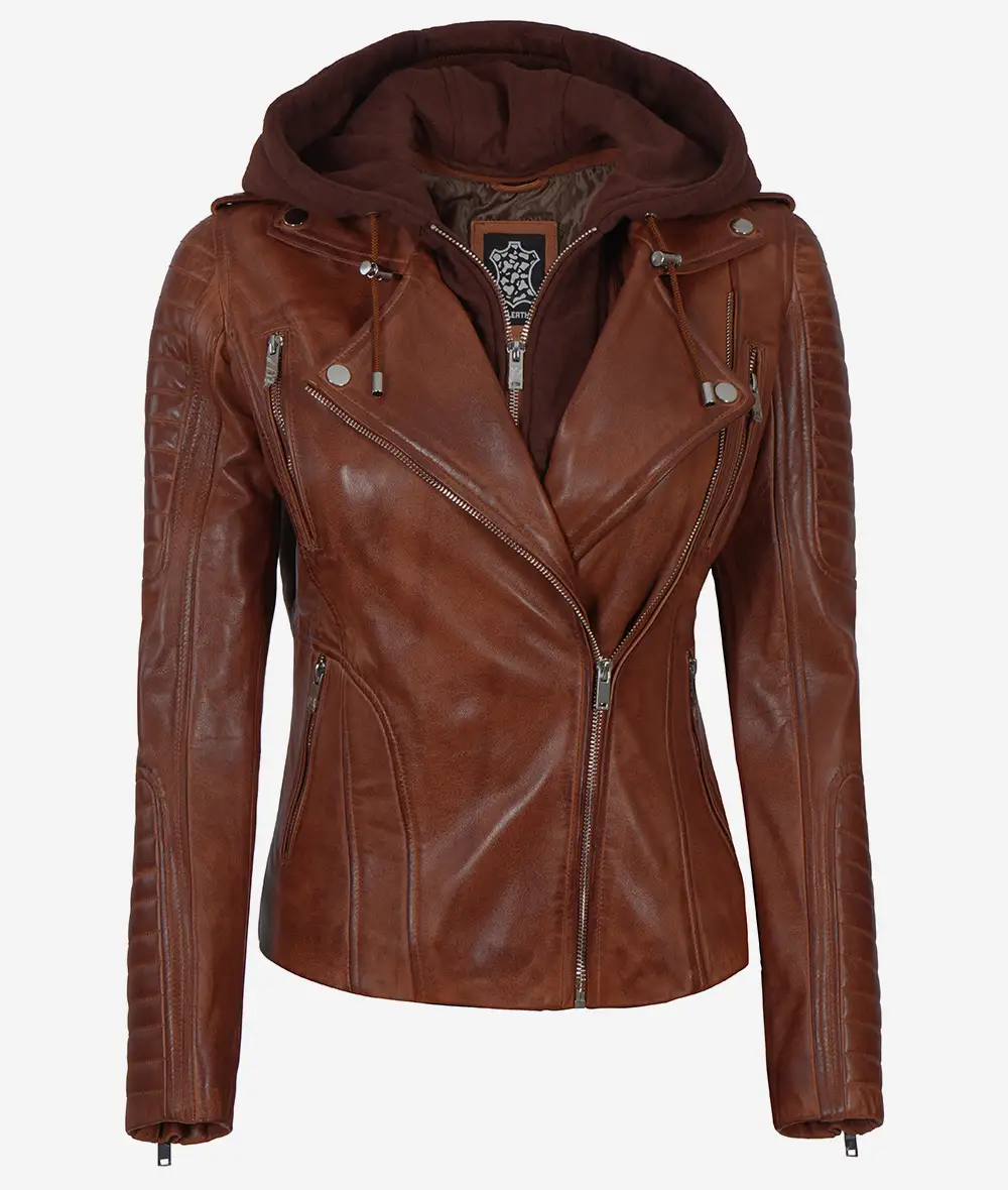 Women's Cognac Motorcycle Leather Jacket with Removable Hood