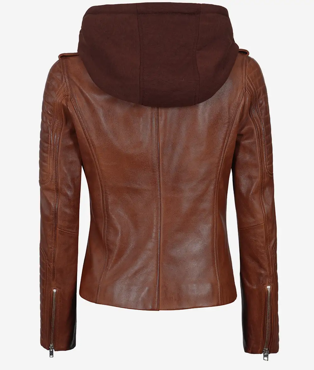 Women's Cognac Motorcycle Leather Jacket with Removable Hood