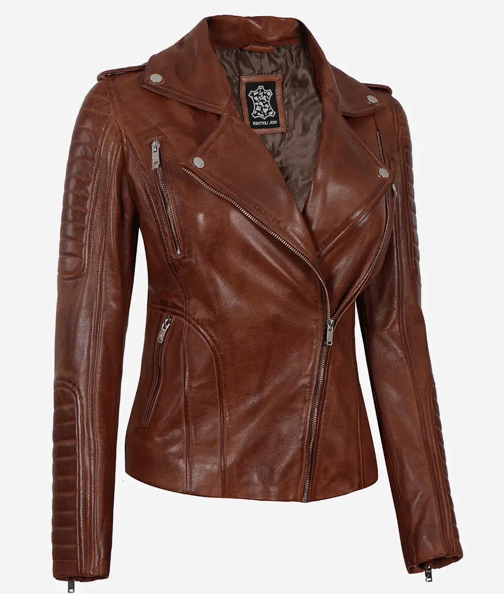 Women's Cognac Motorcycle Leather Jacket with Removable Hood