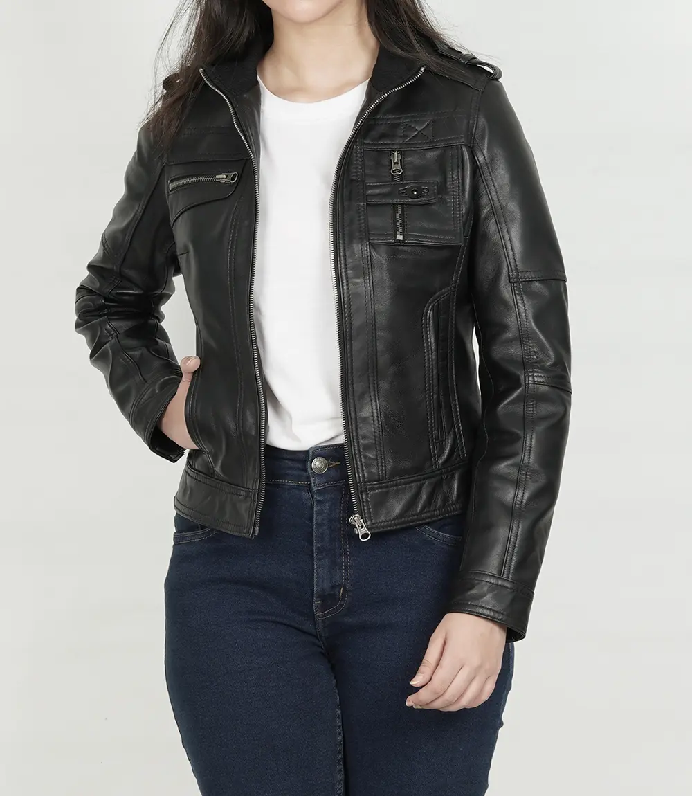 Womens Black Leather Moto Jacket - Classic Biker Style