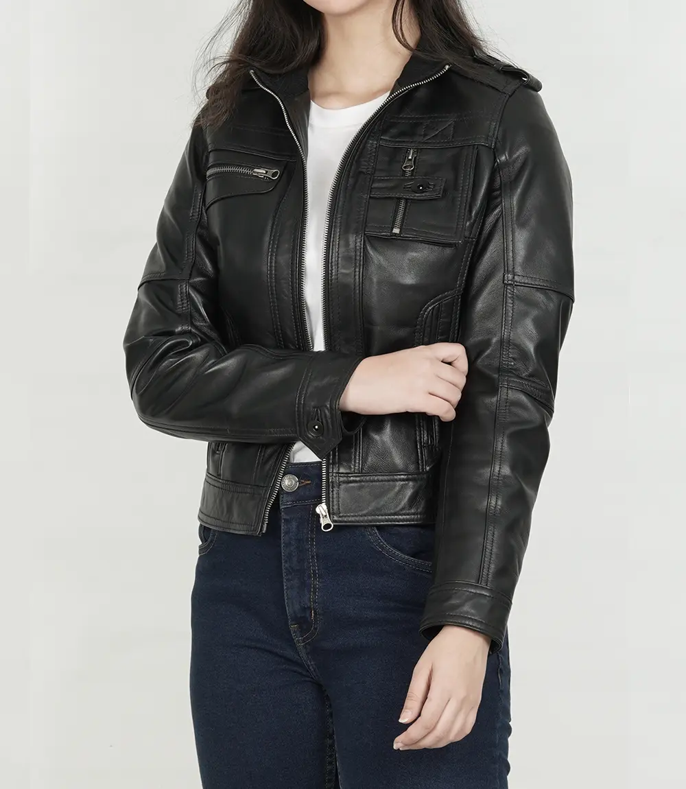 Womens Black Leather Moto Jacket - Classic Biker Style