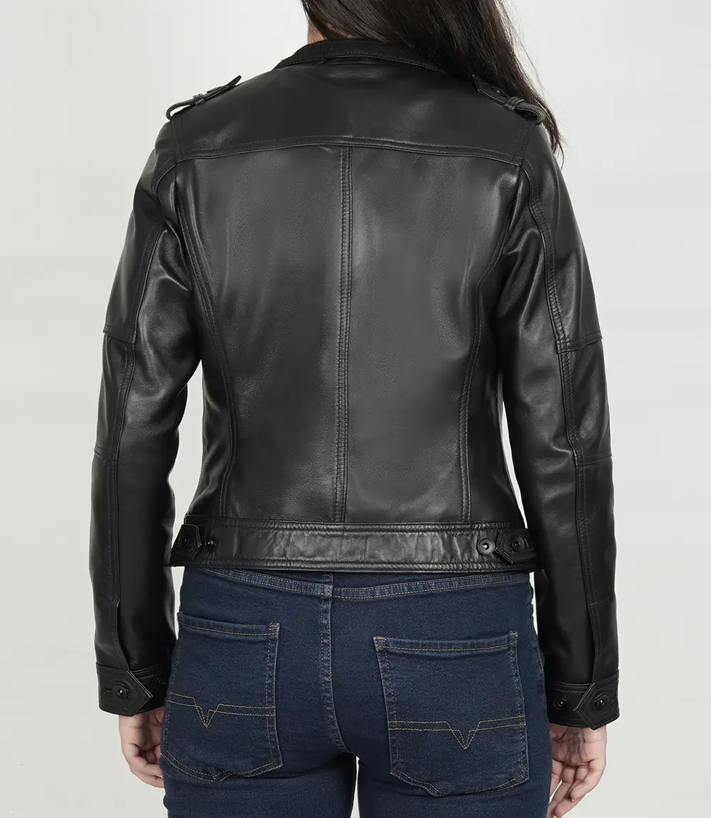 Womens Black Leather Moto Jacket - Classic Biker Style