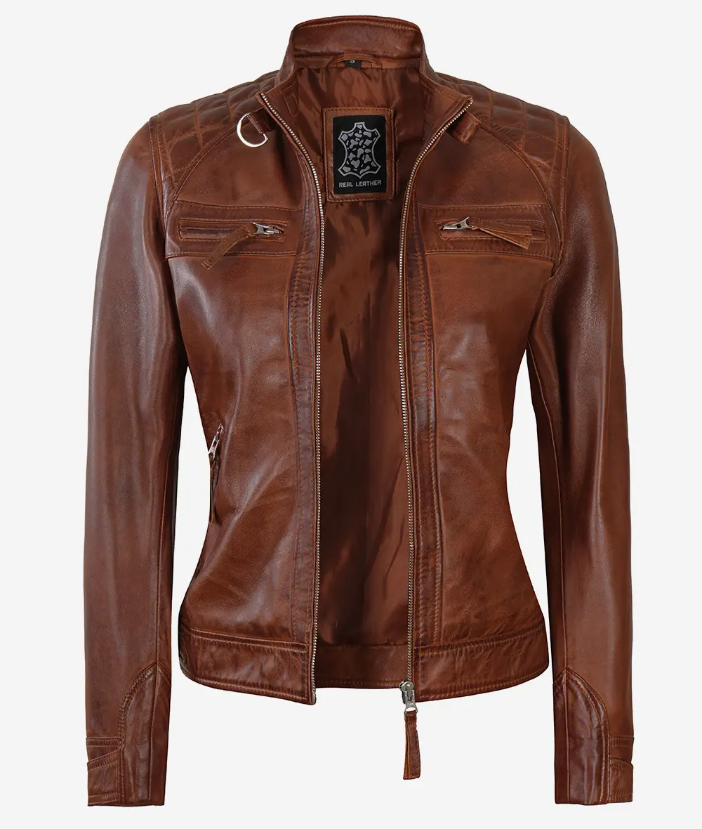 Womens Cognac Leather Cafe Racer Jacket - Quilted Shoulder