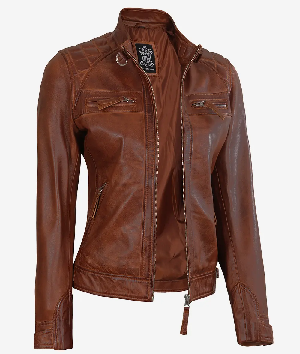 Womens Cognac Leather Cafe Racer Jacket - Quilted Shoulder