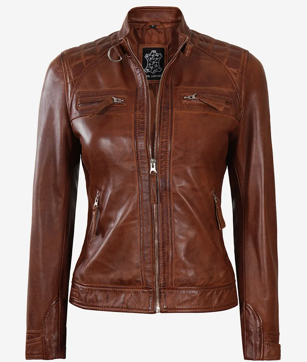 Womens Cognac Leather Cafe Racer Jacket - Quilted Shoulder