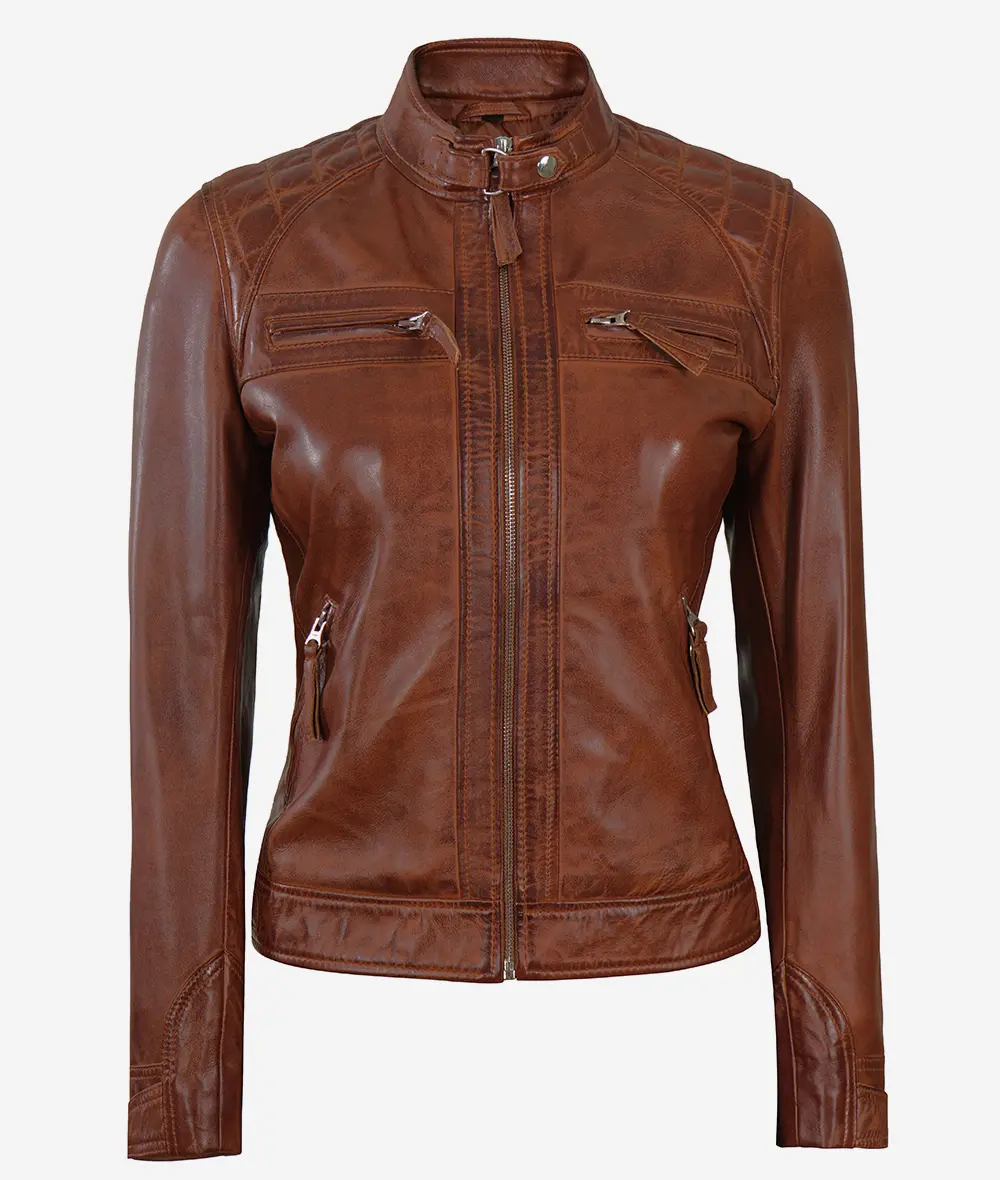 Womens Cognac Leather Cafe Racer Jacket - Quilted Shoulder