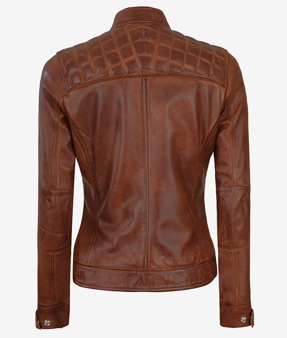 Womens Cognac Leather Cafe Racer Jacket - Quilted Shoulder